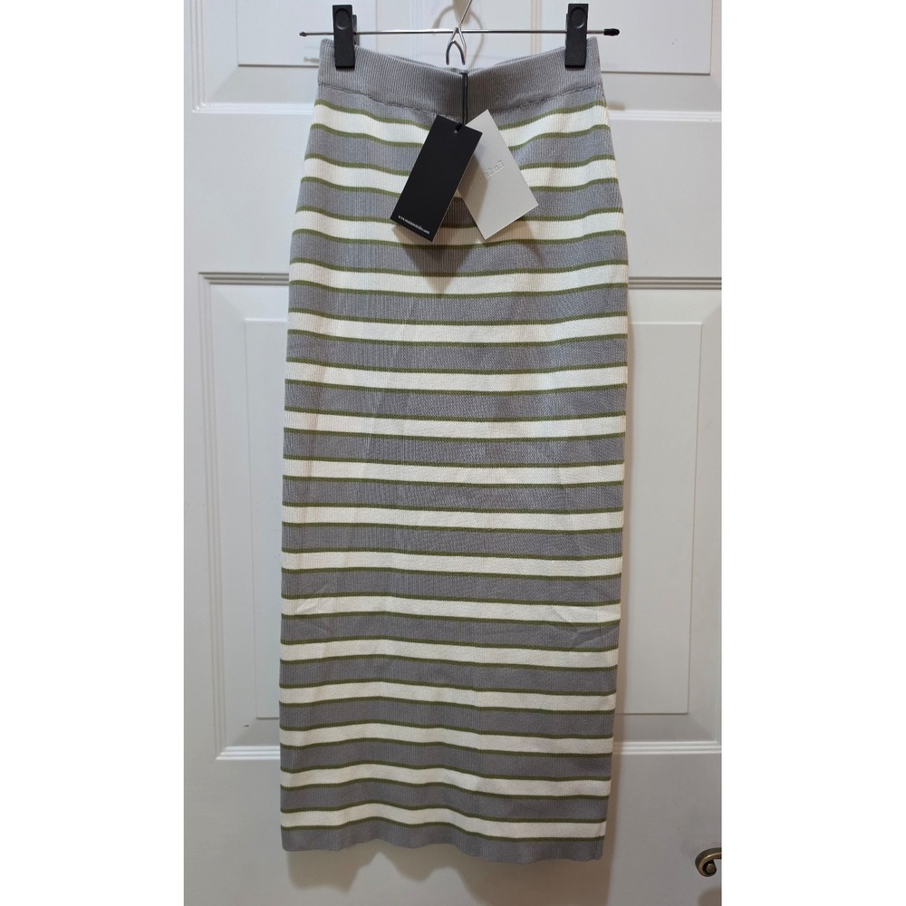 En Saison NWT Striped Ribbed Knit Pencil Midi Skirt Gray Green Cream Size XS
